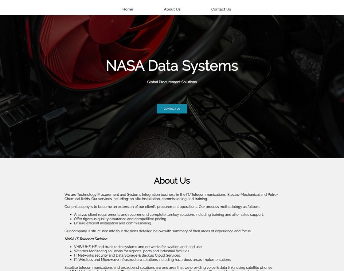 NASA Data Systems' old website — a single templated page with a stock photo