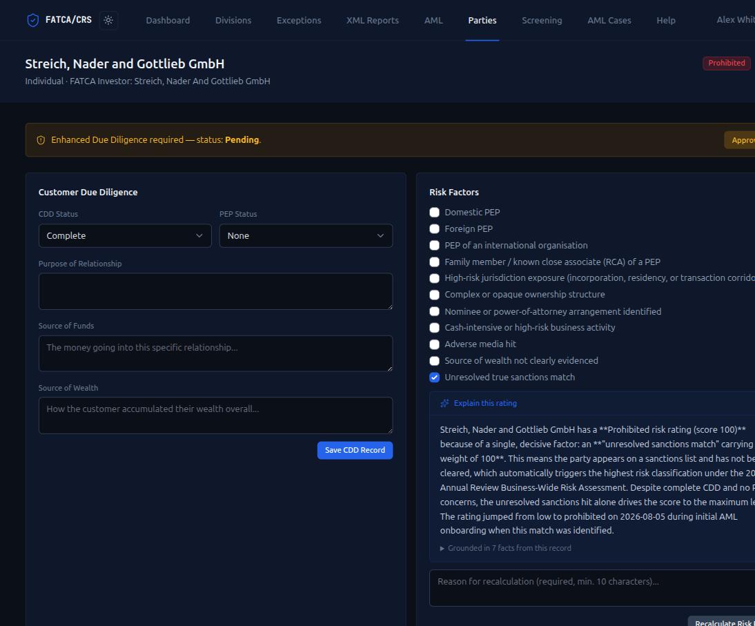 FATCA/CRS Compliance Platform — AI Assistance — Grounded, Optional, and Governed