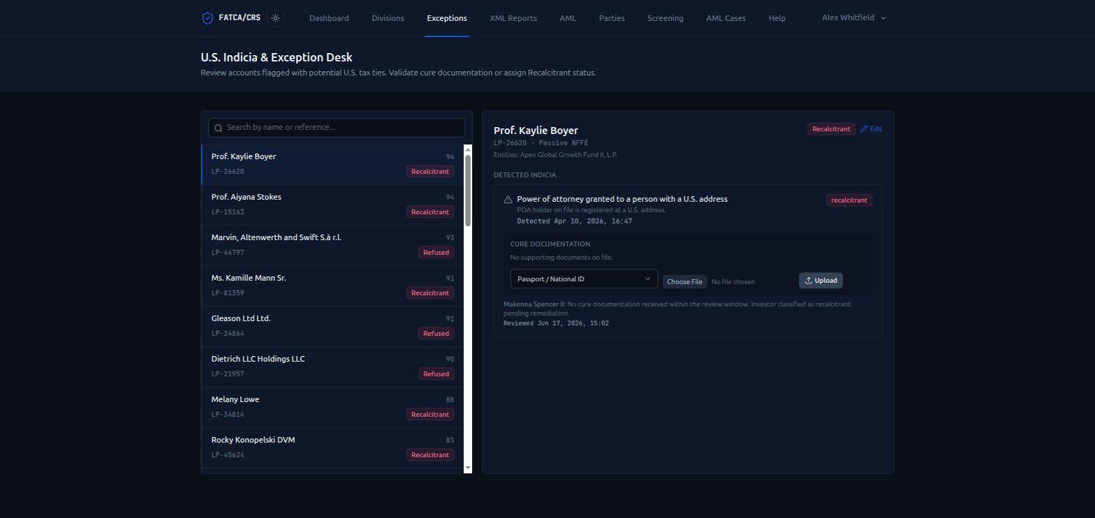 FATCA/CRS Compliance Platform — Indicia & Exception Desk