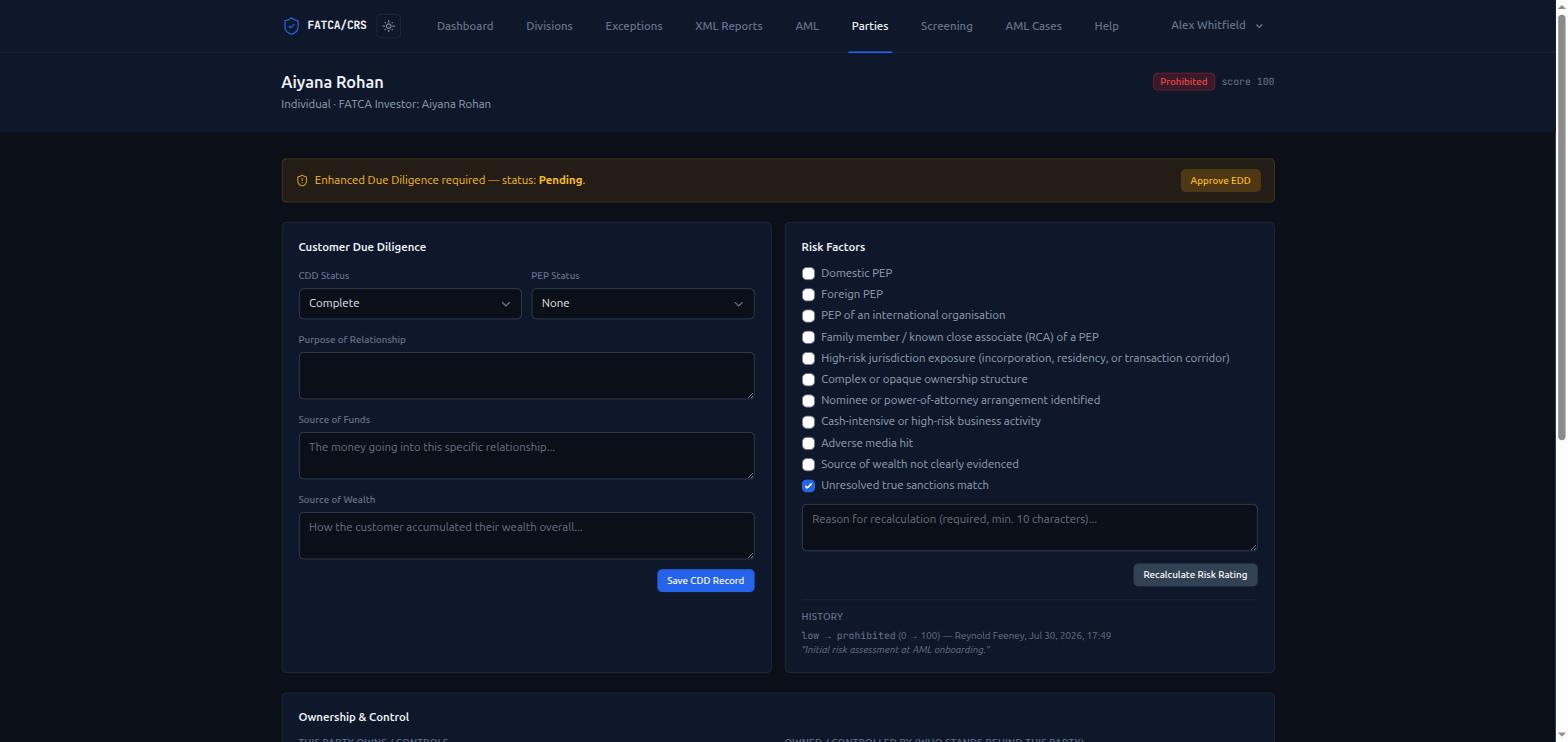 FATCA/CRS Compliance Platform — Party Risk & Due Diligence