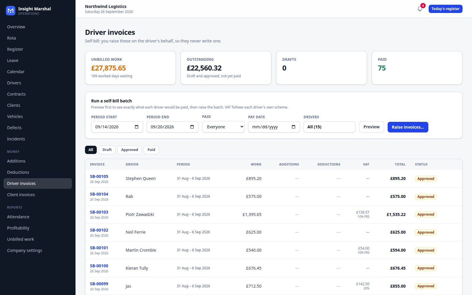 A self-billing run in Insight Marshal showing drivers on three different VAT schemes in one batch